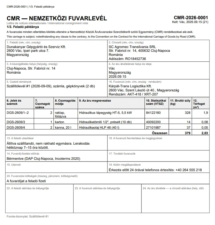 A nextraktárból kiadott CMR fuvarlevél A4-es PDF-je, a feladó példánya: CMR-2026-0001 sorszám, magyar és angol fejléc, a számozott rovatok — feladó, romániai címzett adószámmal, kiszolgáltatási és átvételi hely, csatolt okmányok, fuvarozó rendszámmal —, az árutábla három sorral és összesítővel, a feladó utasításai, a fuvardíj-fizetési előírás, a különleges megállapodások, alul az aláírás-rovatok és a forrás-bizonylat.