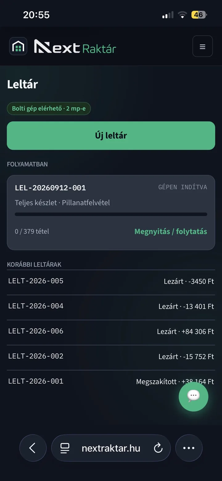 A nextraktár leltára telefonon, böngészőben: jelzés, hogy a bolti gép elérhető, az „Új leltár” gomb, a folyamatban lévő teljes készlet-leltár 0 / 379 tétellel és „Megnyitás / folytatás” gombbal, alatta a korábbi, lezárt leltárak a készlet-eltérés összegével.