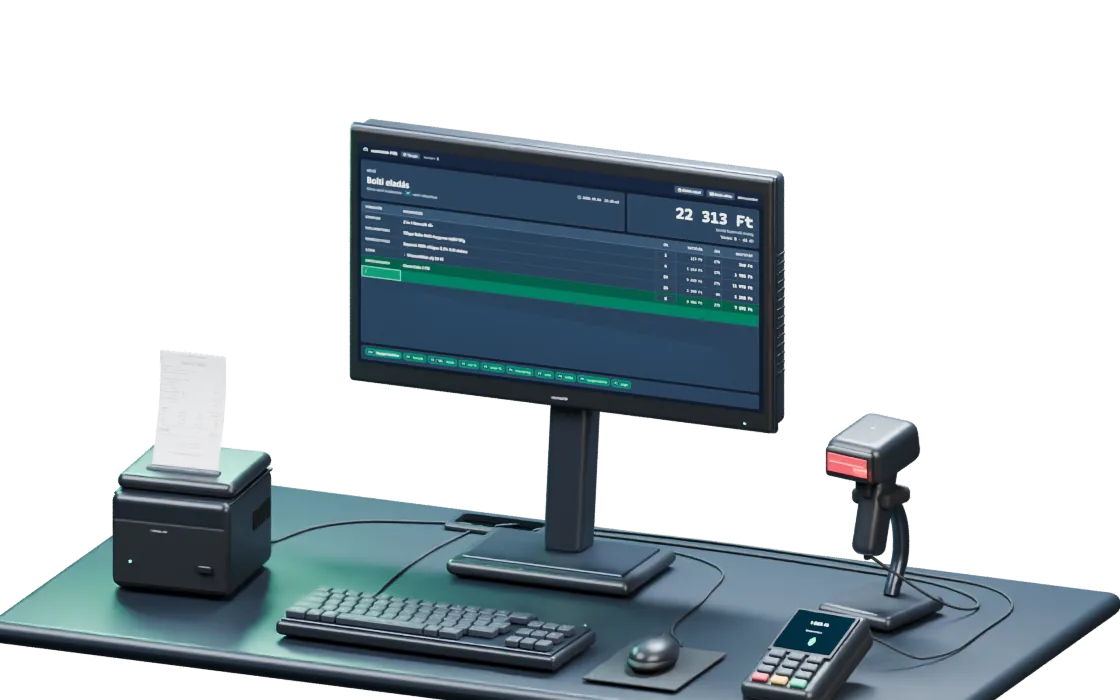 Blenderben készült nextraktár kasszapult monitorral, vonalkódolvasóval és nyugtanyomtatóval.